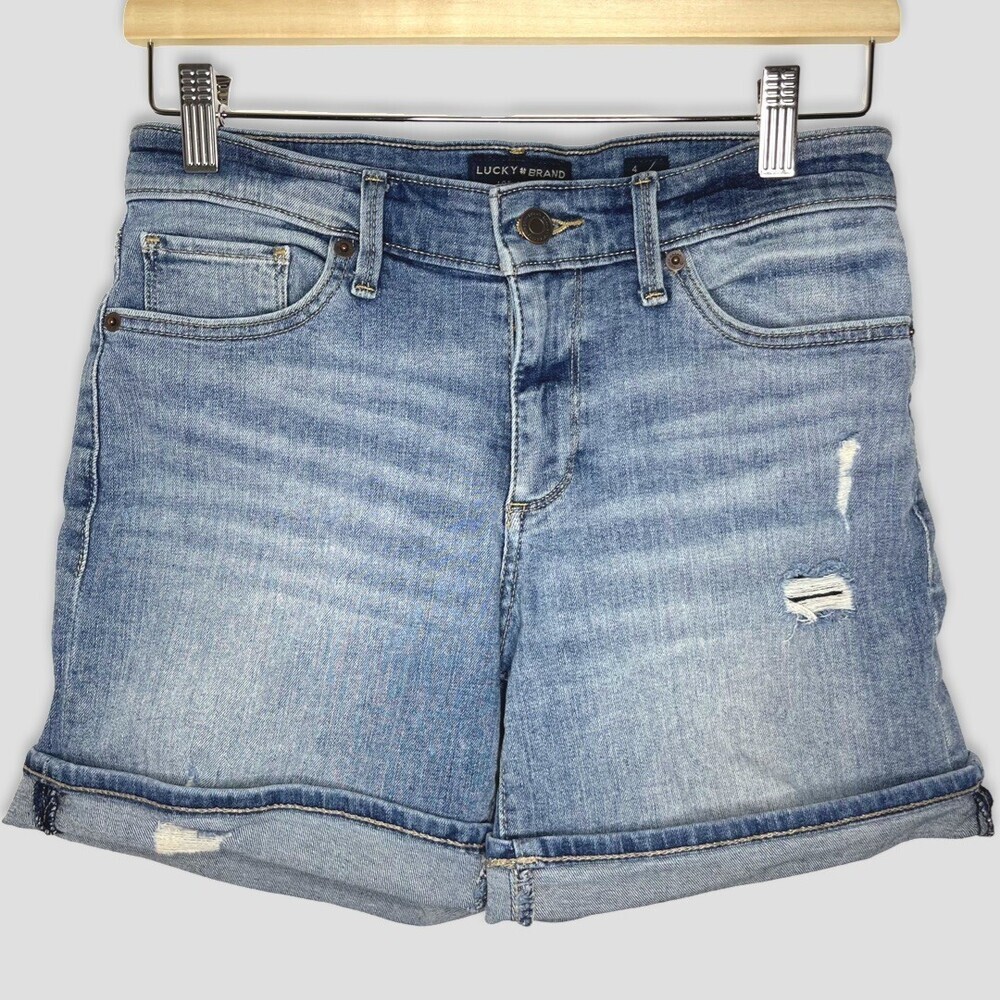 Lucky Brand Womens Shorts 4 Light Blue Jean Roll Up Distressed Mom Stretch Jeans